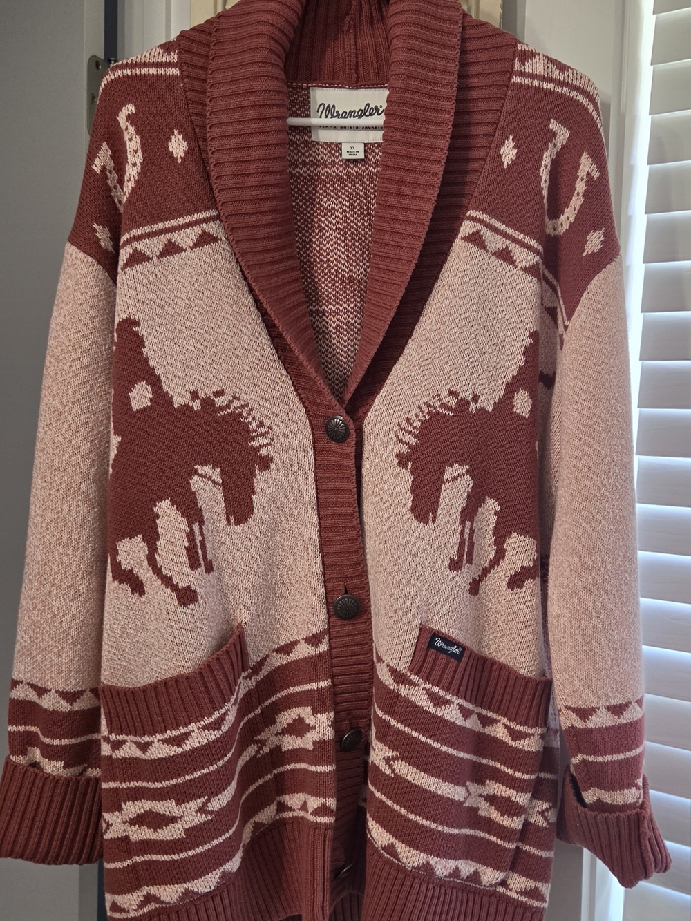 Wrangler Rosewood & Blush Western Horse Shawl-Collar Cardigan